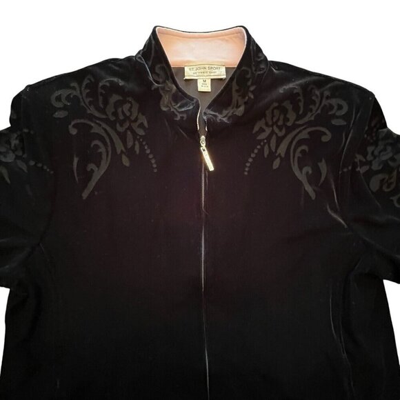 St John Sport Marie Gray Track Jacket M Full Zip Black Velvet Scroll Pink Trim - Picture 5 of 16
